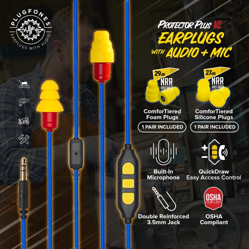 Plugfones Protector Plus Volume Limited in-Ear Earplug Earbuds, Noise Reduction Headphones with Noise Isolating Mic and Controls, Blue & Yellow - Image 2